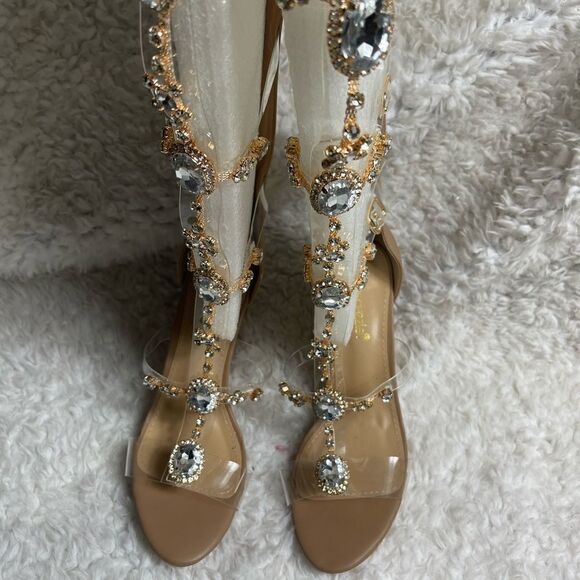 Shoe Dazzle Yulanda clear Gladiator wedge sandals jewels&gold tone accents SZ8.5 - Picture 5 of 14